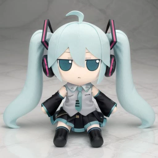 <lora:fumo-v1.0:0.8> fumo \(doll\), jitome,  <lora:mikuhatsunetest:1> miku hatsune, ahoge, aqua eyes, aqua hair, crossed bangs, hair between eyes, hair ornament, headphones, long hair, twintails,aqua necktie, black footwear, black skirt, black sleeves, boots, collared shirt, detached sleeves, grey shirt, necktie, pleated skirt, shirt, skirt, sleeveless, sleeveless shirt, thigh boots, tie clip,