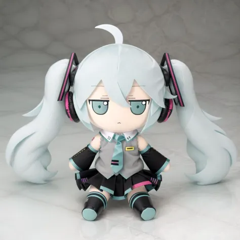 <lora:fumo-v1.0:1> fumo \(doll\), jitome,  <lora:mikuhatsunetest:1> miku hatsune, ahoge, aqua eyes, aqua hair, crossed bangs, hair between eyes, hair ornament, headphones, long hair, twintails,aqua necktie, black footwear, black skirt, black sleeves, boots, collared shirt, detached sleeves, grey shirt, necktie, pleated skirt, shirt, skirt, sleeveless, sleeveless shirt, thigh boots, tie clip,