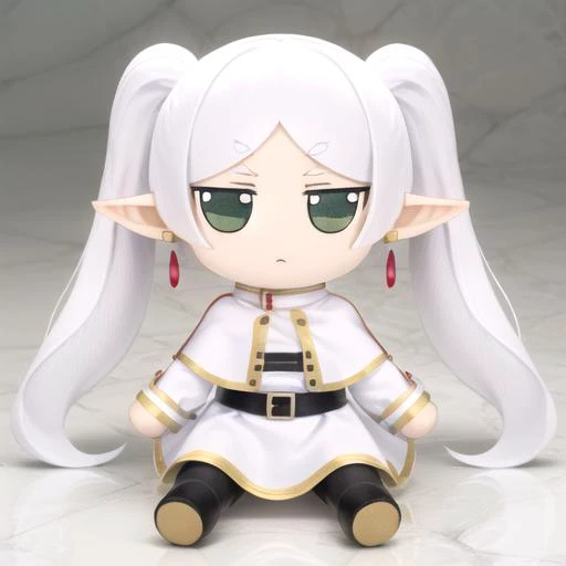 <lora:fumo-v1.0:0.80> fumo \(doll\), jitome,  <lora:frieren_v1:0.8> green eyes,  aafrie, long hair, white hair, twintails, pointy ears, earrings, thick eyebrows, white capelet, striped shirt, long sleeves, belt, white skirt, black pantyhose, aafrie, long hair, white hair, pointy ears, thick eyebrows, collarbone, bare shoulders, white dress, sleeveless dress, aafrie, long hair, white hair, twintails, pointy ears, earrings, thick eyebrows, blue scarf, white coat, double-breasted, buttons, black pantyhose