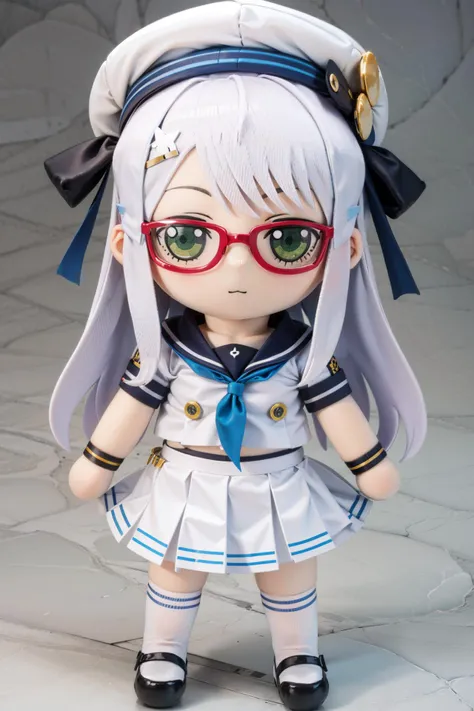 1girl, <lora:fumo-v1.0:0.80>, fumo \(doll\), jitome, <lora:neon-nikke-richy-v1:0.8>, green eyes, glasses, neondef, serafuku, white skirt, simple background