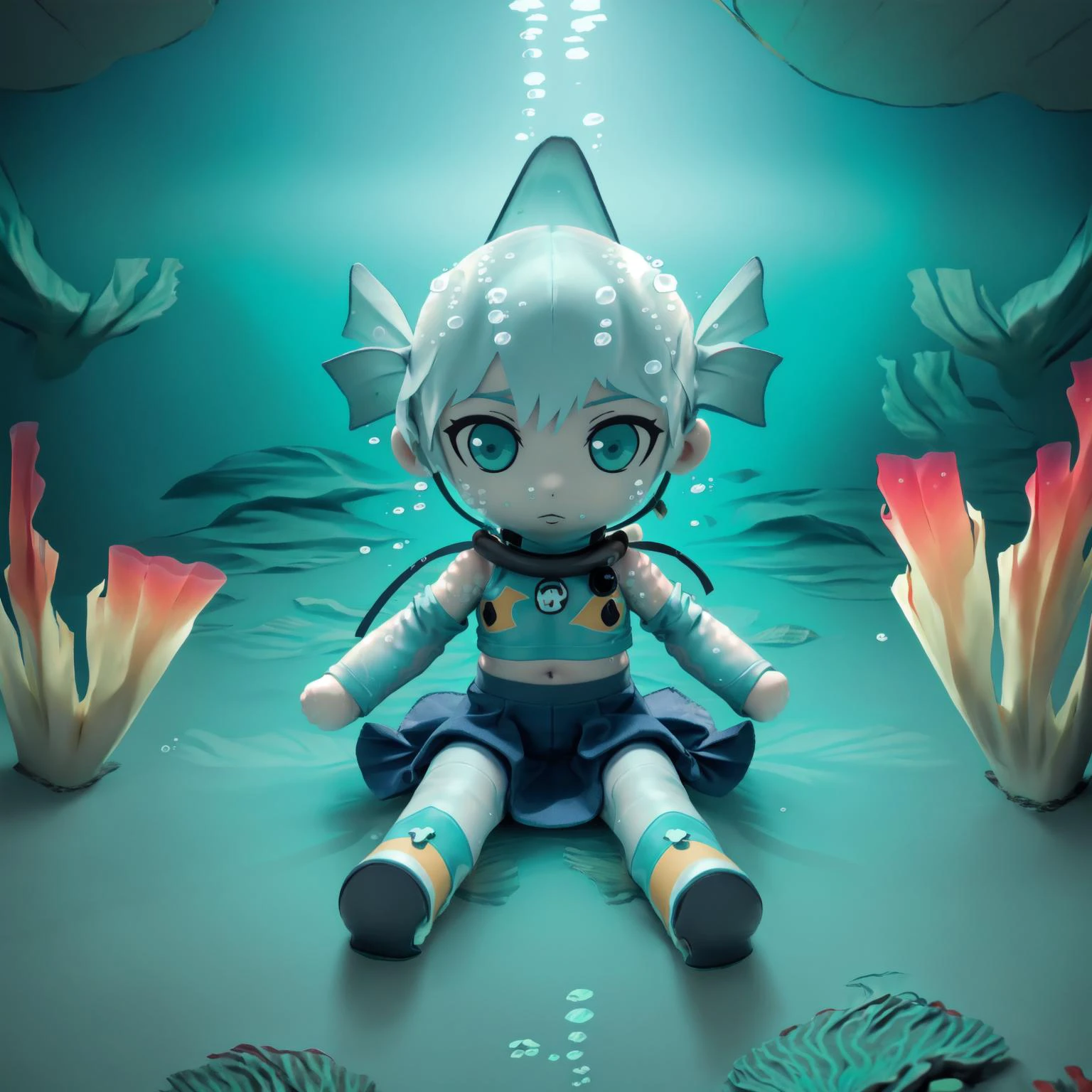 best quality, highly detailed, detailed background, <lora:fumo-v1.0:0.8>, fumo \(doll\), female, blank eyes, crop top, skirt, sleeves, shoulders, boots, stockings, unamused, sitting, (underwater:1.8)