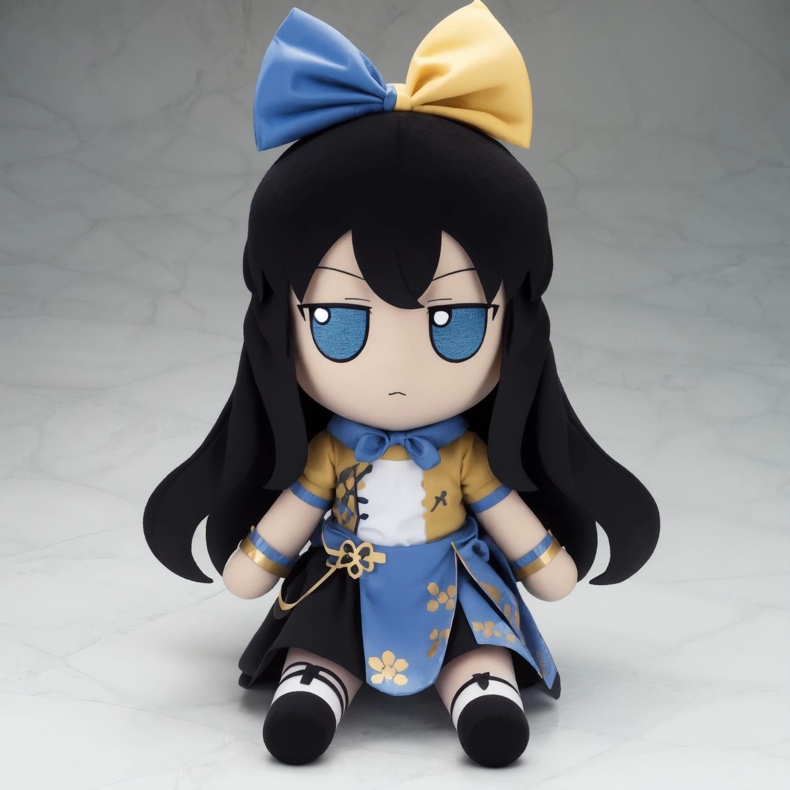 best quality, highly detailed, detailed background, <lora:fumo-v1.0:1>, fumo \(doll\), jitome, female, blue eyes, black hair, polka bow, fancy dress, stoic
