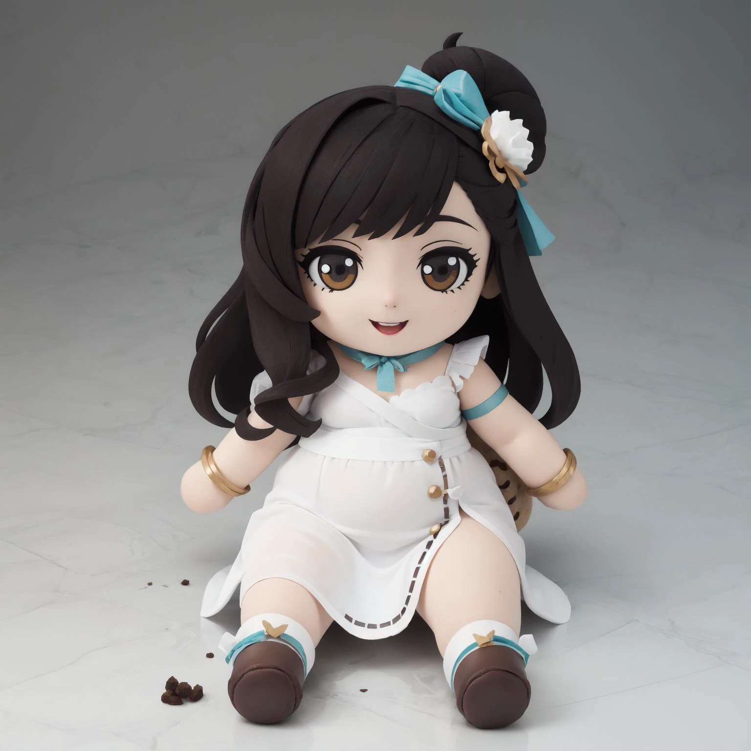 best quality, highly detailed, detailed background, <lora:fumo-v1.0:0.7>, fumo \(doll\), female, (chubby:1.1), slit dress, crumbs, hungry, happy, sitting, surrounded by cookies