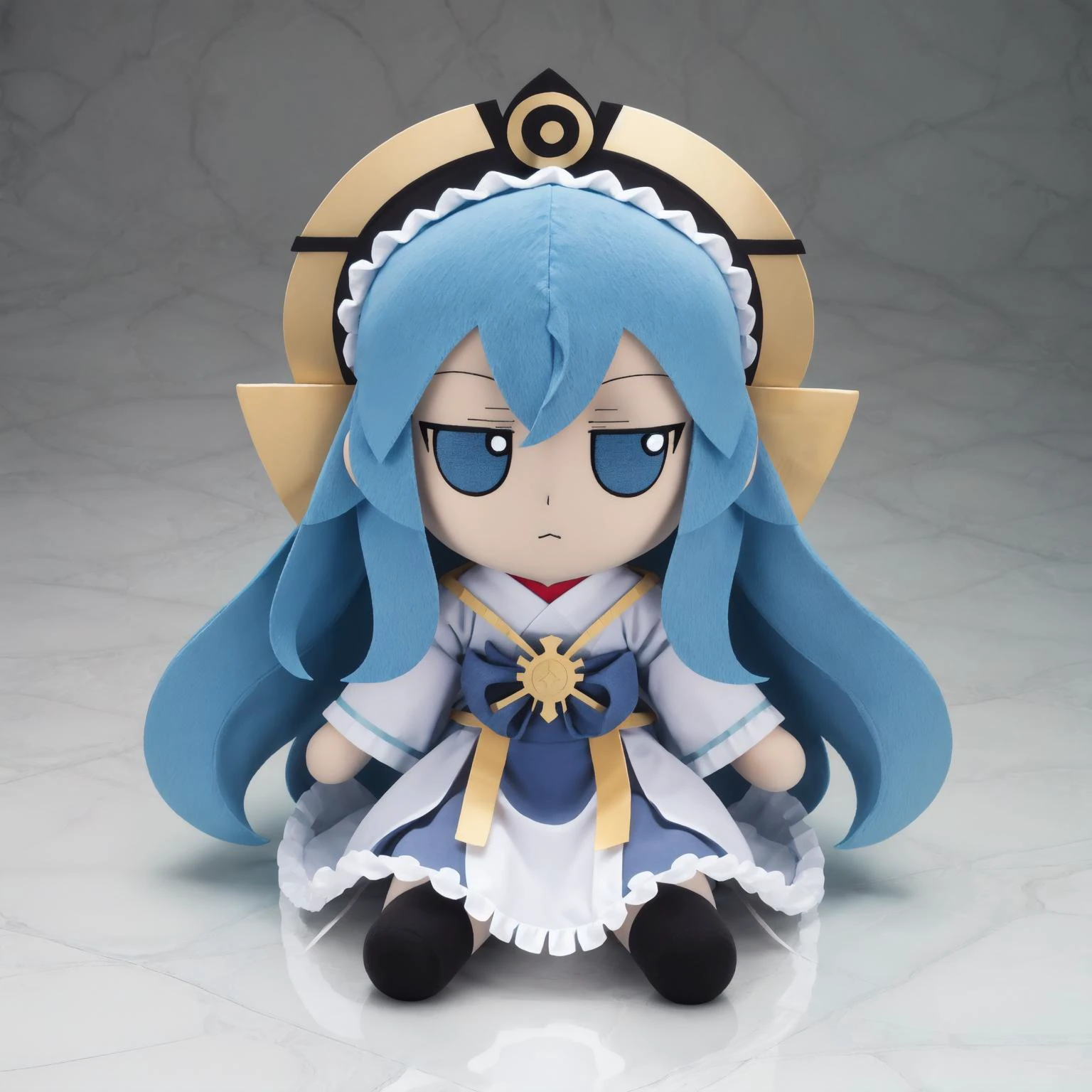 best quality, highly detailed, detailed background, <lora:fumo-v1.0:1>, fumo \(doll\), jitome, female, blue eyes, headdress, shrine maiden uniform official, doll fractures, marble structure