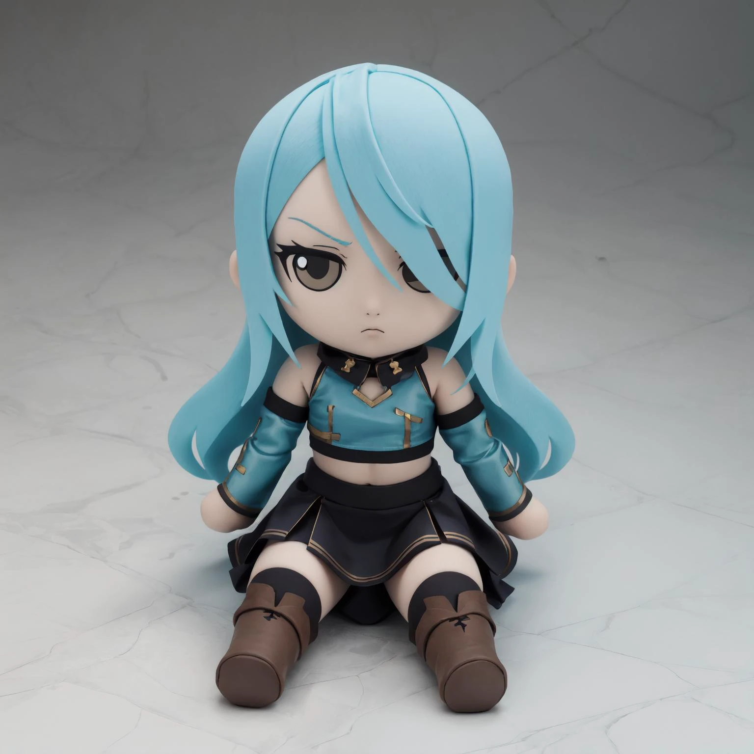 best quality, highly detailed, detailed background, <lora:fumo-v1.0:0.75>, fumo \(doll\), female, blank eyes, crop top, skirt, sleeves, shoulders, boots, stockings, unamused, sitting, underwater