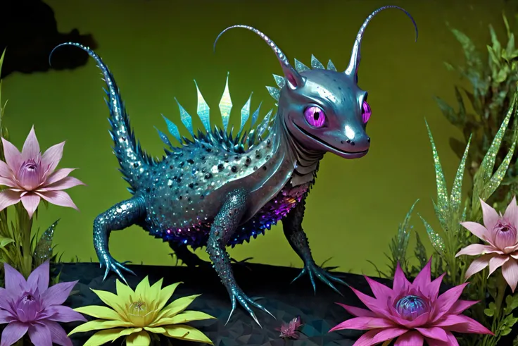 Damaged Cubist photo of a creepy salamander person with pointy ears poses in a flowers made of shimmering geometric fabrics, unholy holographic struts, neon circuitry. (Bosch_Creatures:0.75), very detailed, intricate. Triadic lighting. <lora:Bosch_Creatures:0.75> <lora:Bas_Waijers_-_Artstyle_Style_SDXL:1.1>