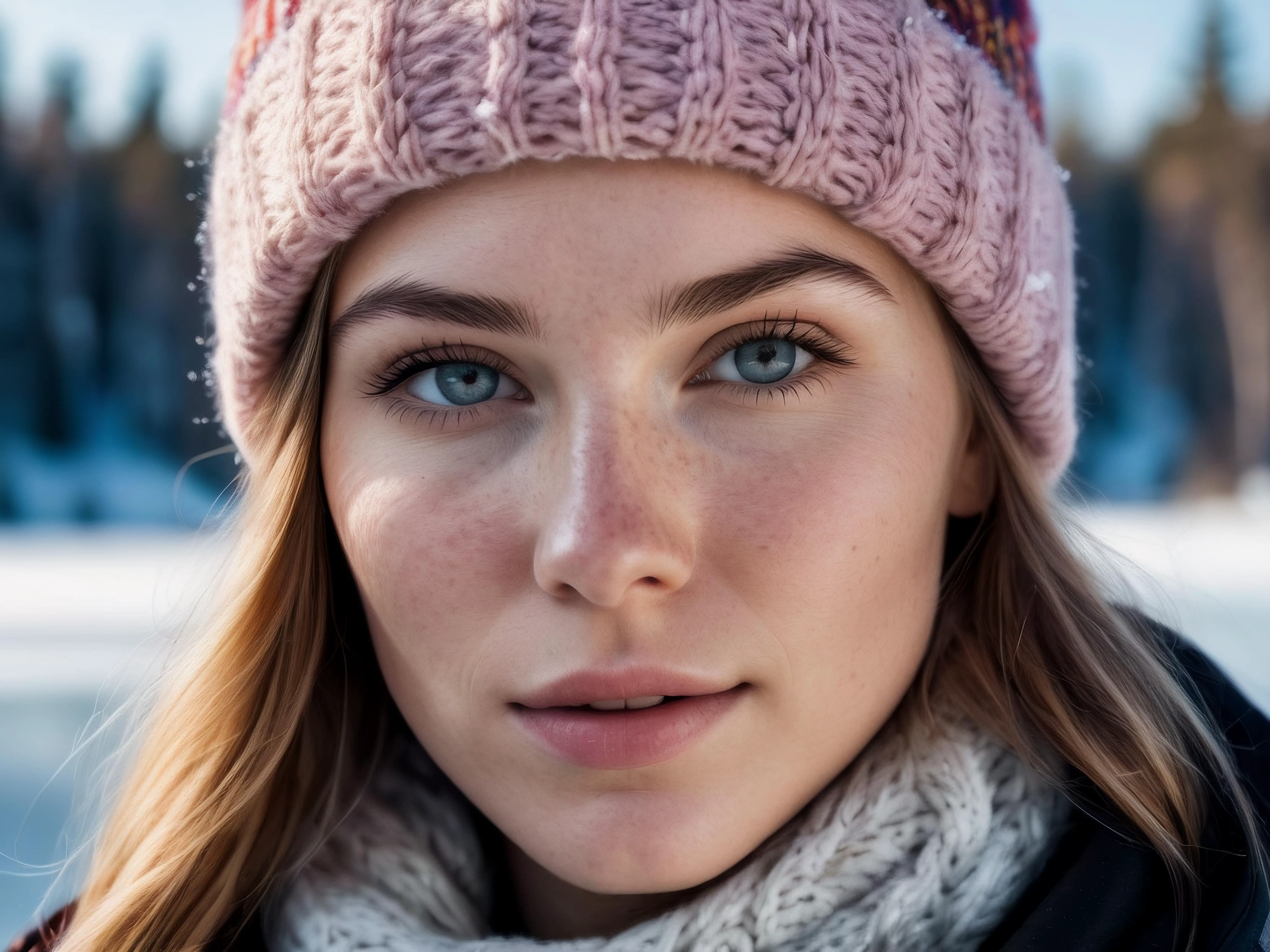 RAW photo, ultra detailed portrait, a beautiful 22yo Norwegian woman, 8k uhd, dslr, soft lighting, high quality, cute face, filtered winter light, weathered skin, highly detailed skin, textured skin, skin pores, skin blemish, imperfect skin, intricate skin details, visible skin detail, detailed skin texture, subsurface scattering, blush, few freckles, detailed pupils, detailed iris, wearing a multicolored knitted tuque, warm jacket, in the snow beside a frozen lake, snow-covered trees, people skiing in the background,