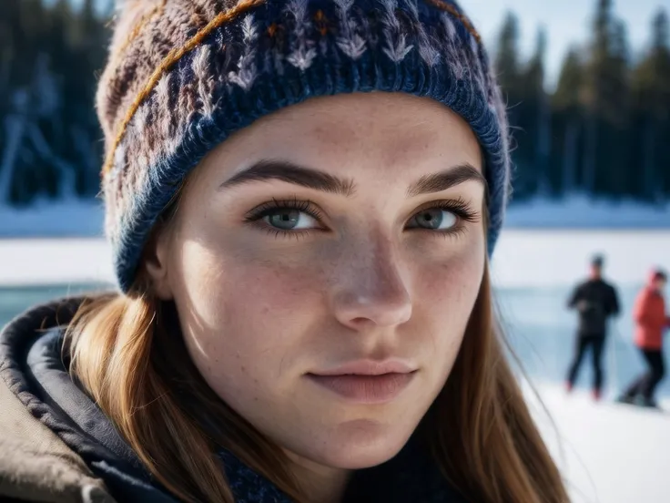 RAW photo, ultra detailed portrait, a beautiful 22yo Norwegian woman, 8k uhd, dslr, soft lighting, high quality, cute face, filtered winter light, weathered skin, highly detailed skin, textured skin, skin pores, skin blemish, imperfect skin, intricate skin details, visible skin detail, detailed skin texture, subsurface scattering, blush, few freckles, detailed pupils, detailed iris, wearing a multicolored knitted tuque, warm jacket, in the snow beside a frozen lake, snow-covered trees, people skiing in the background,

<lora:RMSDXL_Enhance:1>,
<lora:add-detail-xl:0.8>,
<lora:RMSDXL_Darkness_Cinema:1>
