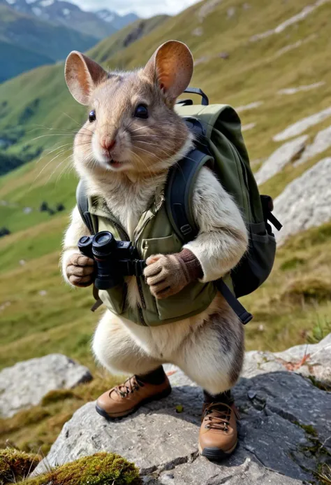 Raw, realistic, 8k uhd, dslr, high quality, cute adventurous rodent with backpack, fingerless gloves, shoes, holding binoculars, on mountain