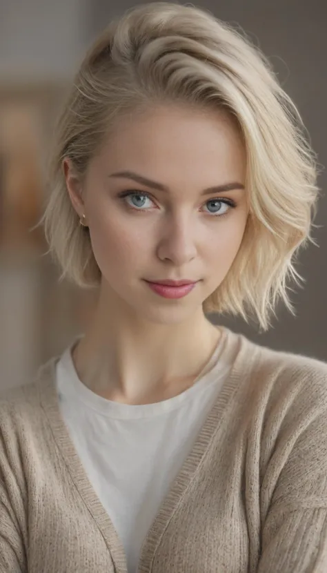 RAW half-body photo of a beautiful german woman Arms folded, leaning back slightly,In the art gallery, Longline Cardigan and Leggings (20yo german woman, middle height, (athletic build), (short straight blonde hair), (fair complexion),) 8k uhd, dslr, haze lighting, high quality, film grain, Fujifilm XT3, cute face, pale skin, detailed face and eyes, natural skin texture, (freckles:0.3), (moles:0.45), detailed eyes, high angle