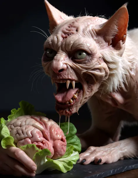 a grotesque looking zombie cat eating a human brain that is on a bed of lettuce, cinematic, 8k, dramatic lighting, high detail, highly detailed, hyper realistic, intricate, intricate sharp details, octane render, smooth, studio lighting, trending on artstation