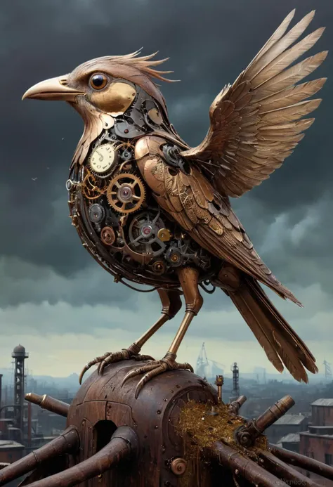 score_9, score_8_up, score_7_up, masterpiece, source_photo, (realistic:1.4), 8k uhd, dslr, high quality
A captivating steampunk-inspired realistic painting featuring a mesmerizing mechanical bird. The bird's intricate design is adorned with gold and copper accents, incorporating mechanical elements that mimic feathers, eyes, and beak. Perched on a weathered mechanical tree, the industrial bird stands out against a dark, fantastical backdrop where nature is reclaiming the scene. The painting's neutral tones draw inspiration from the artistic styles of Damien Hirst, Quentin Blake, Alberto Vargas, and Zdzislaw Beksinski. The enchanting, otherworldly scene is both cinematic and conceptual, evoking a sense of wonder and imagination.