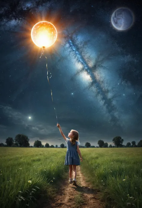fantasy abstract art, girl walking in a field, holding the sun as balloon, the actual sun is balloon, sun halo rays, sky is dark, stars and milky way, Raw, realistic, 8k uhd, dslr, high quality,