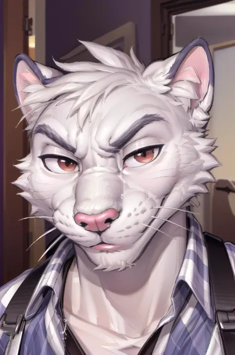 (best quality, masterpiece, hires), <lora:meowsclesghost:0.4>, furry, anthro, felid, domestic cat, meowsclesghost, white body, white fur, muscular, front view, suspenders, portrait, <lora:Kazuya2:1.2>, kazuya, photo of kazuya, close-up, white ears, whiskers,