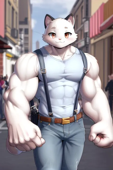 (best quality, masterpiece, hires), <lora:meowsclesghost:0.5>, furry, anthro, meowsclesghost, white body, muscular, front view, :3 expression, flexing,suspenders, jojos, <lora:mdyk:0.8> mdyk, oversized forearms, muscular arms, sleeveless