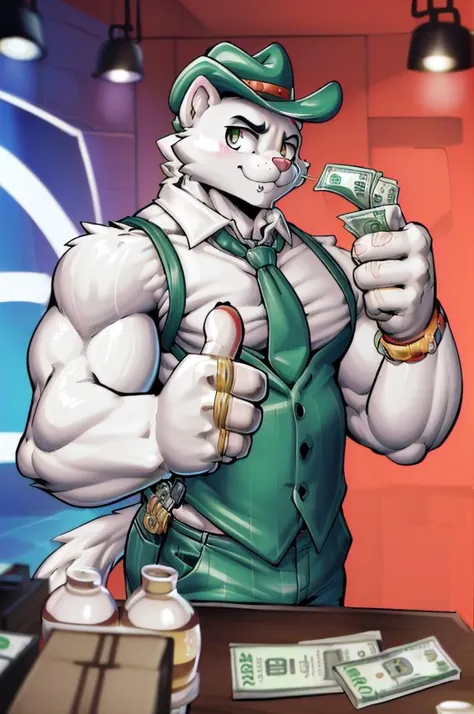 (best quality, masterpiece, hires), <lora:meowsclesghost:0.5>, furry, anthro, meowsclesghost, white body, muscular, front view, :3 expression, flexing, <lora:jojostyle:0.8>, suspenders, jojos, <lora:gangstersb:0.8> gangstersb, upper body, money, holding, holding money, thumbs up, hat, suit, jewelry, necktie