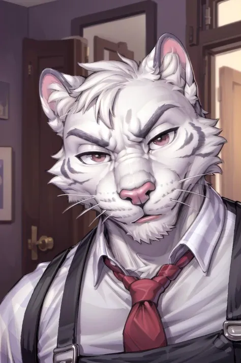 (best quality, masterpiece, hires), <lora:meowsclesghost:0.4>, furry, anthro, felid, domestic cat, meowsclesghost, white body, white fur, muscular, front view, suspenders, portrait, <lora:Kazuya2:1.2>, kazuya, photo of kazuya, close-up, white ears, whiskers,