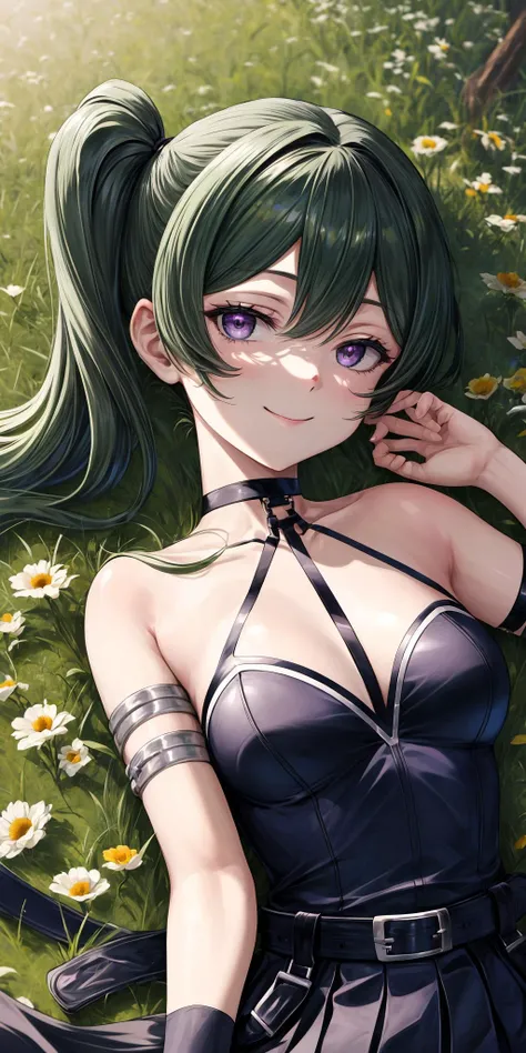 byleth, deep green hair, amethyst eyes, ,1girl, solo, perfect breasts, ,earrings glossy lips ,looking at viewer, blush, large breasts, nature, pond, trees, park, long white elbow satin gloves, holding, animal ears, cleavage, bare shoulders, jewelry, very l, gentle smile, pantyhose, earrings, fake rabbit ears, green leotard, fake animal ears bunny, long white elbow gloves