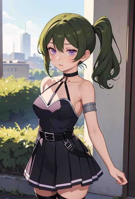 (masterpiece, best quality), 1girl, <lora:UbelFrieren:0.8> UbelFrieren, purple eyes, side ponytail, UbelFrieren, purple eyes, side ponytail, black choker, arm strap, armlet, black dress, halter dress, belt, sleeveless, single glove, thigh strap