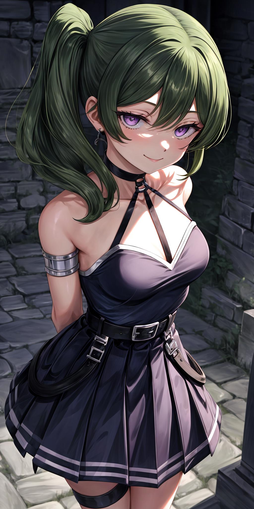 Anime girl with green hair and black dress posing for camera - SeaArt AI