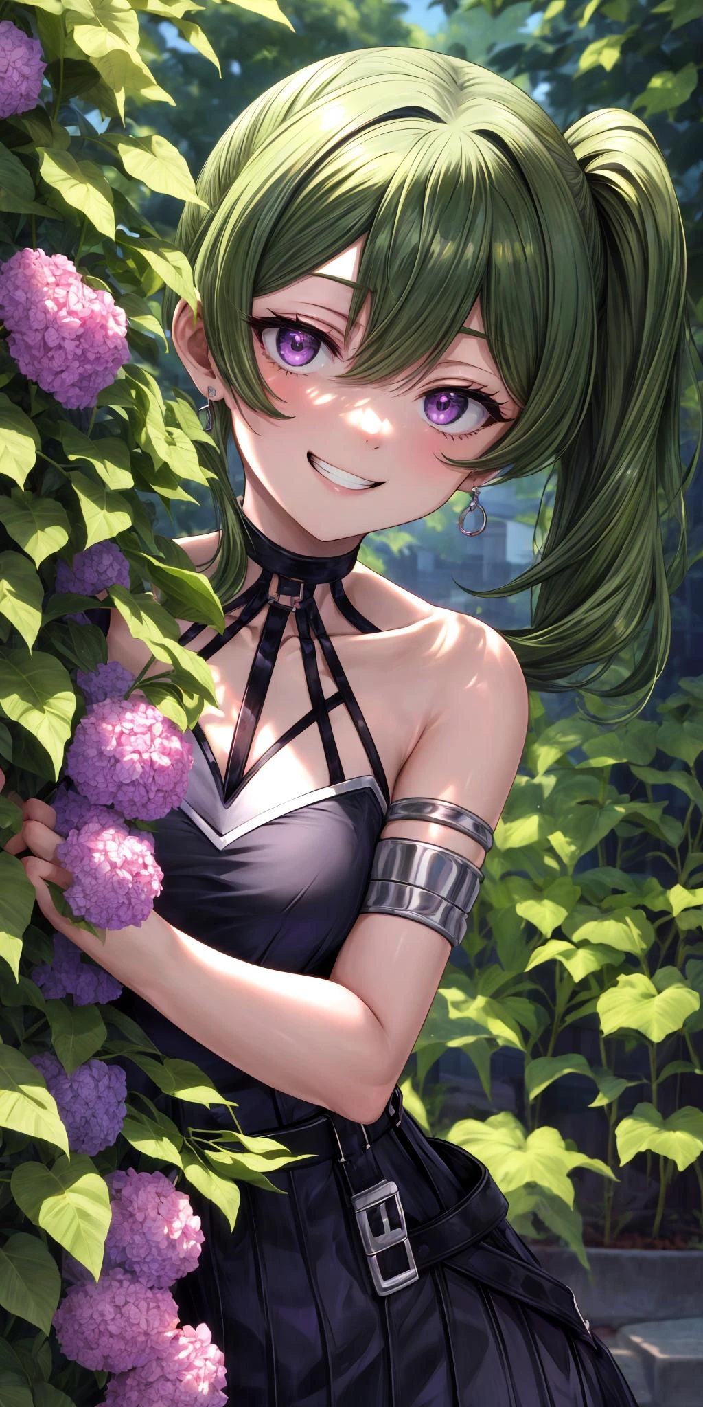 (masterpiece), best quality, (((ultra detailed, 8k quality))), expressive eyes, perfect face, perfect anatomy, perfect body, scene, <lora:scene_:0.7>, <lora:more_details:0.7>, <lora:beautiful_detailed_eyes:0.5>, <lora:GoodHands-beta2:0.7>, <lora:give_it_a_name:0.7>,
UbelFrieren, purple eyes, side ponytail,
black choker, arm strap, armlet, black dress, halter dress, belt, sleeveless, single glove, thigh strap,
grin, peeking out upper body <lora:peeking_out_upper_body_pruned:1.4> , garden, yellow flower,
<lora:UbelFrieren:0.8>