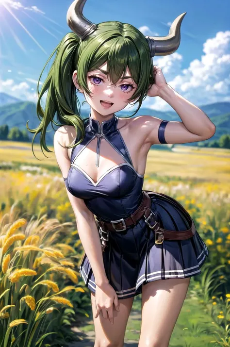 (masterpiece, best quality, detailed), 1girl, solo, looking at viewer, UbelFrieren, purple eyes, side ponytail,
<lora:AncientVikings:0.9>, ancient viking, viking helmet, horned helmet, fur trim, helmet, outdoors, wheat, wheat field, sky, cloud, wind, leaning forward, adjusting hair, hand in own hair, hand on own thigh, from above, smile, open mouth, teeth, v-shaped eyebrows