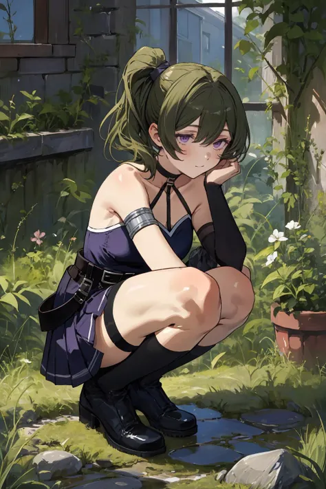 NSFW,(((1girl,1boy,sex,vaginal ))),kneeling,outdoor,grass field,
ubel, medium hair, hair between eyes, green hair, side ponytail, (purple eyes:1.1),
skirt, gloves, dress, bare shoulders, pleated skirt, sleeveless, black gloves, elbow gloves, belt, miniskirt, black skirt, black footwear, (black dress:1.5), thigh strap, sleeveless dress, halterneck, armband, single glove, black belt, pleated dress, arm strap,white lace panties,
break masterpiece ,8k unity wallpaper,anime key visual,highest quality, High resolution, unity 8k wallpaper, (shape:0.8),anime coloring,white skin,dense skin,highly detailed legs,perfect lighting, Detailed CG, (perfect hands, perfect anatomy),High resolution,slender limbs, delicate curves, dainty hands,figure:0.8,