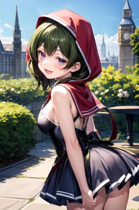 (masterpiece, best quality, detailed), 1girl, solo, looking at viewer, UbelFrieren, purple eyes, side ponytail,
<lora:little_red_riding_hood_v0.1:1>, little red riding hood, frilled dress, basket, miniskirt, cleavage, town, building, flower, victorian, rose, outdoors, london, fountain, leaning forward, looking back, from behind, ass, smile, open mouth