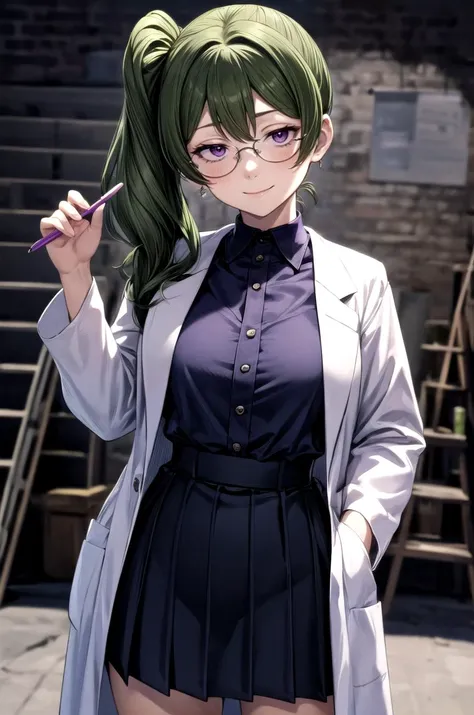 (masterpiece, best quality, detailed), 1girl, solo, looking at viewer, UbelFrieren, purple eyes, side ponytail,
scientist, labcoat, glasses, collared shirt, pencil skirt, <lora:basement_v0.2:1> basement, (dark:1.5), dimly lit, contrapposto, smile, closed mouth