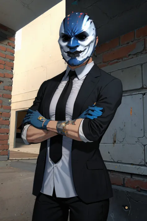 (masterpiece, best quality:1.2), cowboy shot, solo, 1girl, SydneyPD, crossed arms, mask, white shirt, necktie, formal, suit, black jacket, black pants, blue gloves, sleeves rolled up, gm_construct, scenery, building <lora:SydneyPayday:1.0> <lora:architecture_gmconstruct:1.0>