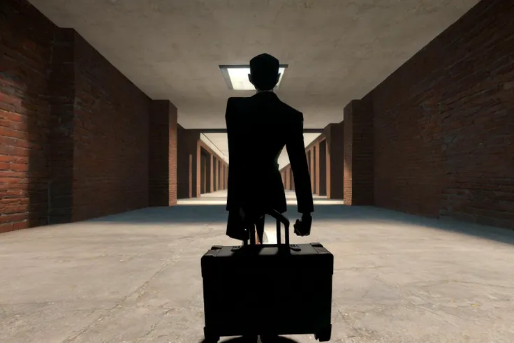 masterpiece, best quality, <lora:architecture_gmconstruct-09:1> gm_construct, darkness, dark, indoors, black figure, 1other, looking at viewer, close-up, backlighting, briefcase, suitcase