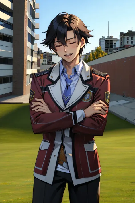 (masterpiece, best quality:1.2), gm_construct, scenery, building, grass, solo, male focus, 1boy, rean schwarzer, laughing, crossed arms, closed eyes, sen1rean, school uniform, necktie, black pants <lora:rean-nvwls-v1:0.8> <lora:architecture_gmconstruct:1.0>