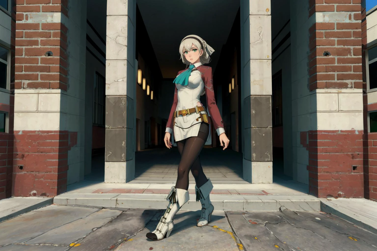 masterpiece, best quality, gm_construct, scenery, buildings, elie macdowell, green eyes, hairband, blue ascot, hair ribbon, long sleeves, belt, pantyhose, white boots, walking, confused <lora:architecture_gmconstruct-09:1> <lora:elie-nvwls-v2-zero:1>