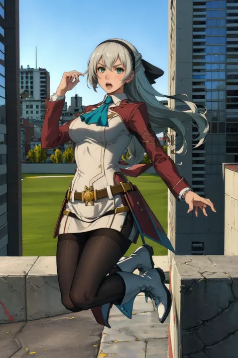 masterpiece, best quality, gm_construct, scenery, buildings, elie macdowell, green eyes, hairband, blue ascot, hair ribbon, long sleeves, belt, pantyhose, white boots, (jumping:1.6), sky, furrowed brow, open mouth <lora:architecture_gmconstruct-09:1> <lora:elie-nvwls-v2-zero:1>