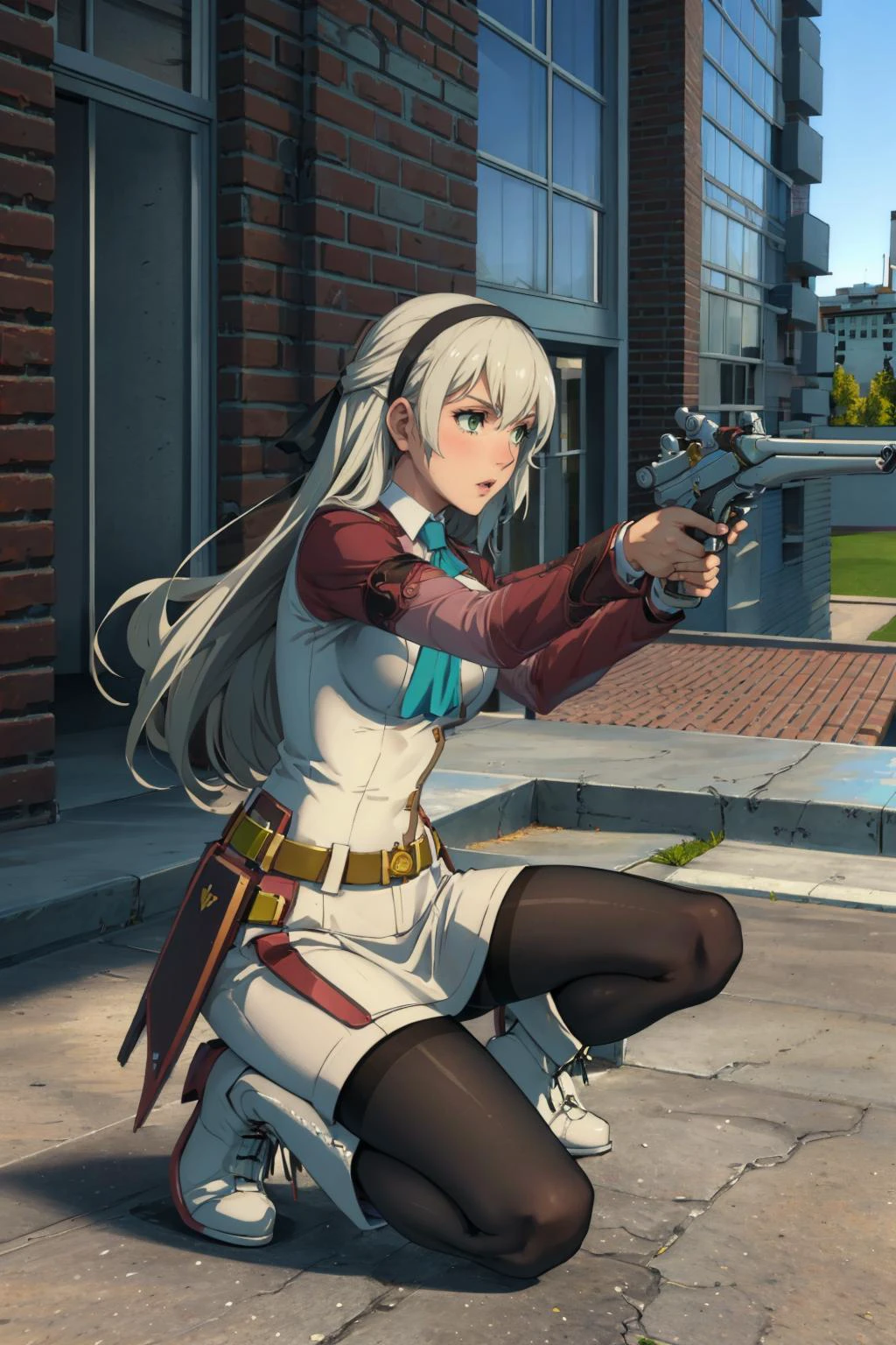 masterpiece, best quality, gm_construct, scenery, buildings, elie macdowell, green eyes, hairband, blue ascot, hair ribbon, long sleeves, belt, pantyhose, white boots, holding gun with one hand, pistol, aiming, one knee, from side <lora:architecture_gmconstruct-09:1> <lora:elie-nvwls-v2-zero:1>
