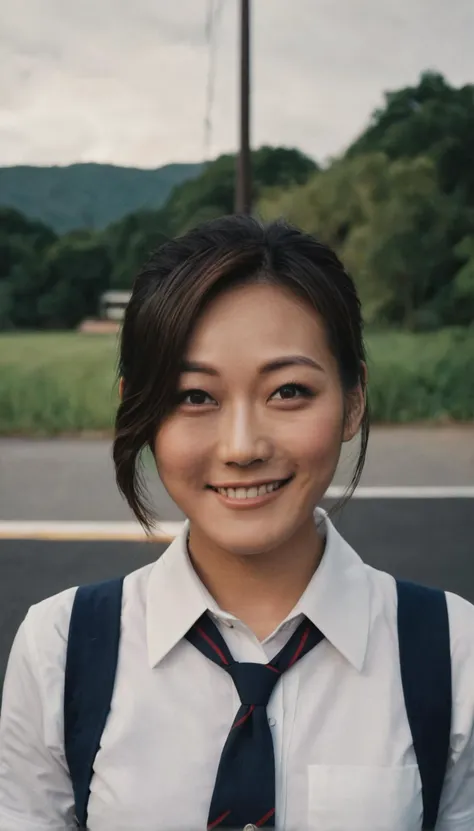 a beautiful picture of fukuharaXL ,woman,detailed skin texture,masterpiece, photorealistic, light, RAW color photo,(fully in frame:1.1), (blush:0.5), (goosebumps:0.5),wearing a school uniform,detailed face,outdoors, (smile:0.5), film grain,cinematic lightning,fujifilm camera<lora:fukuharaXL (2):1>