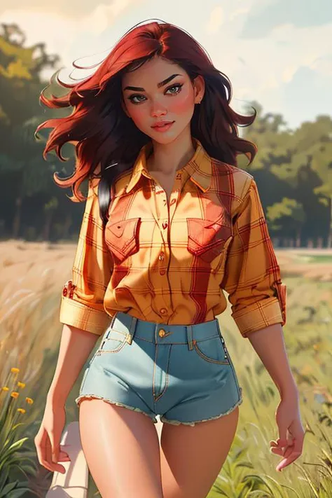 DEN_madeline_escobar,
(walking through a tallgrass meadow wearing (Jean shorts:1.3) and (plaid shirt:1.3), meadow, wild, overgrown, walking,:1.2),
bokeh, f1.4, 40mm, photorealistic, raw, 8k, textured skin, skin pores, intricate details <lora:epi_noiseoffset2:1>, epiCRealism