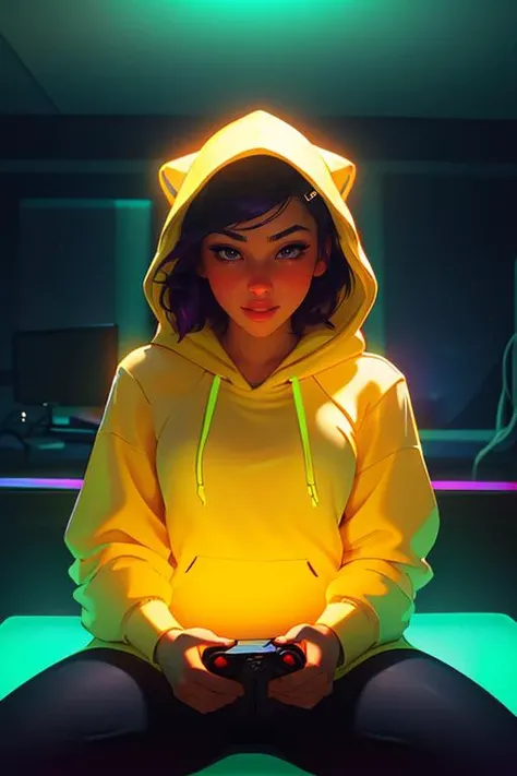 DEN_madeline_escobar,
(sitting at a computer wearing headphones and playing games (holding a controller:1.2) wearing a (hoodie:1.2) in a (neon lit room:1.3), (gamer:1.2), gaming, (gamer girl:1.3), games, (purple lighting, neon:1.2):1.2),
bokeh, f1.4, 40mm, photorealistic, raw, 8k, textured skin, skin pores, intricate details <lora:epi_noiseoffset2:1>, epiCRealism <lora:ClothingAdjuster3:-1>