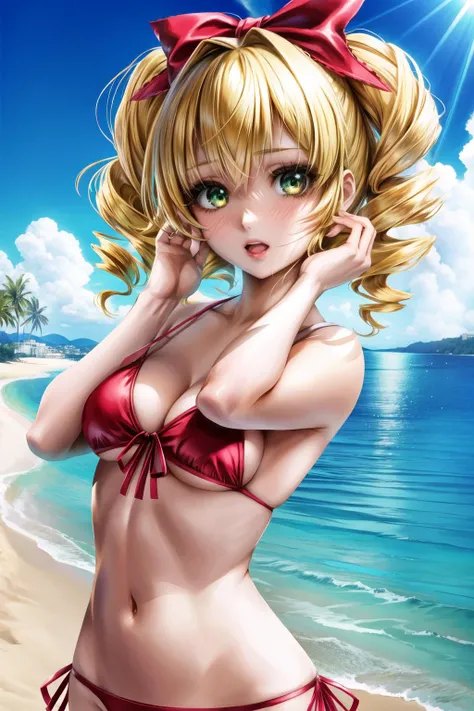 <lora:hinaichigo-09:0.7>,hair bow, drill hair, green eyes, short hair, (bikini), hinaichigo, (beach, palms, sand, water), cute, beautiful, 1girl, (masterpice:1.5), high-quality, best-quality, high-detailed, (solo), (nice face and eyes), (nice hands), (perfect face and eyes), (perfect hands), (4k), wallpaper, cg, unity, pixiv,  <lora:sakimichan-v1.6-lora-naivae-newcraft:0.5>, sakimichan,  <lora:more_details:0.5>