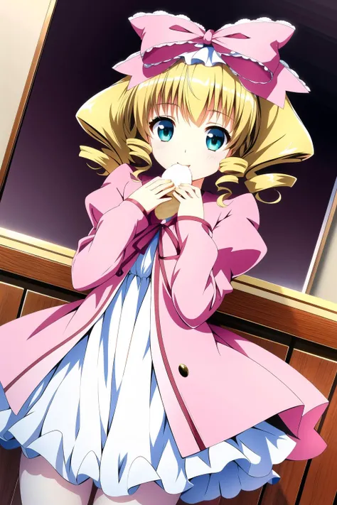 <lora:hinaichigo-09:0.7>,hair bow, pink ribbon, drill hair, green eyes, short hair, pink dress, white bloomers, white pantyhose, hinaichigo, (room), cookies, eating, 1girl, (masterpice:1.5), high-quality, best-quality, high-detailed, (solo), (nice face and eyes), (nice hands), (perfect face and eyes), (perfect hands), (4k), wallpaper, cg, unity, pixiv,