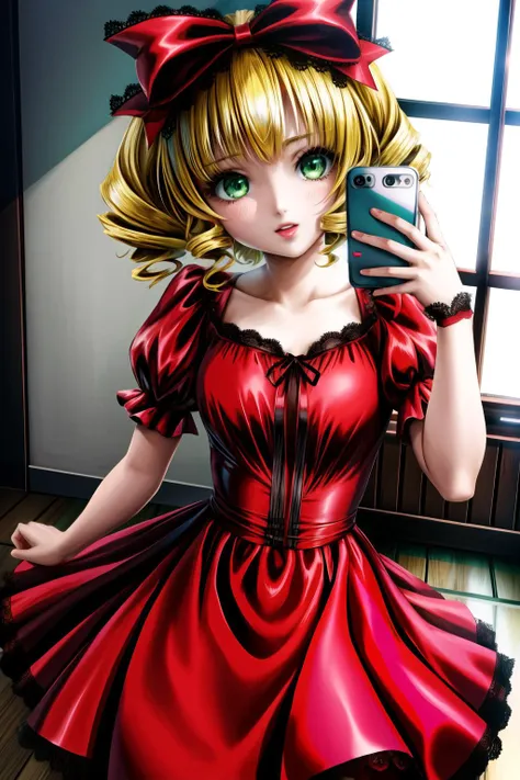 <lora:hinaichigo-09:0.7>,hair bow, drill hair, green eyes, short hair, hinaichigo, (lady red dress), (ribbon in dress), (pov), ((selfie)), (room), cute, beautiful, 1girl, (masterpice:1.5), high-quality, best-quality, high-detailed, (solo), (nice face and eyes), (nice hands), (perfect face and eyes), (perfect hands), (4k), wallpaper, cg, unity, pixiv, <lora:sakimichan-v1.6-lora-naivae-newcraft:0.5>, sakimichan, <lora:more_details:0.5>