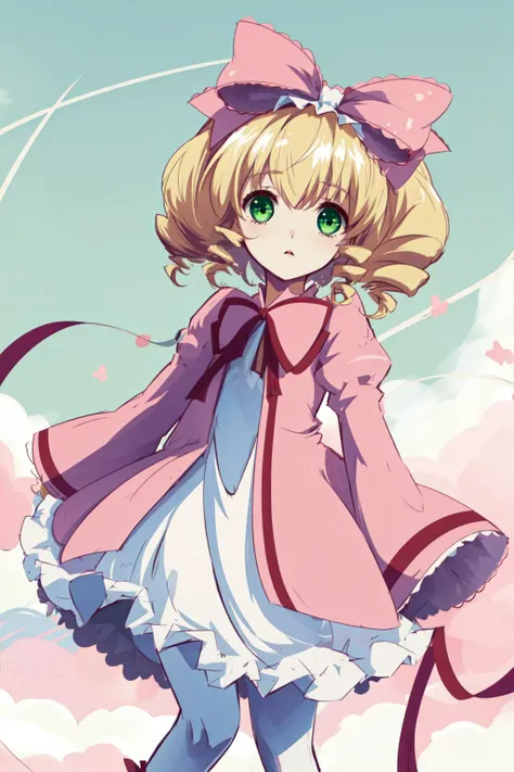 1girl, solo, hair bow, pink ribbon, drill hair, blonde hair, green eyes, short hair, pink dress, white bloomers, white pantyhose, hinaichigo, outdoors, <lora:hinaichigo:0.8>