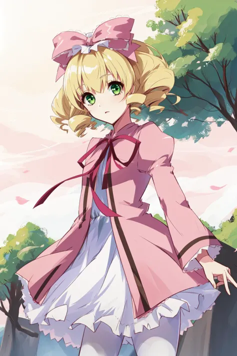 1girl, solo, hair bow, pink ribbon, drill hair, blonde hair, green eyes, short hair, pink dress, white bloomers, white pantyhose, hinaichigo, outdoors, <lora:hinaichigo:0.8>