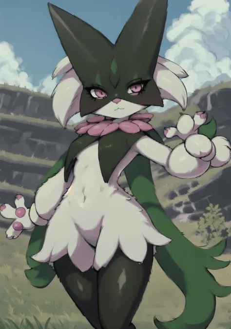 (high res), ((masterpiece)) , ((best quality)), 1girl, masterpiece, best quality, meowscarada, pokemon, face mask, detailed, short muzzle, [pink eyes], detailed eyes, outside, grass background, dynamic pose <lora:Meowscarada:1> Meowscarada