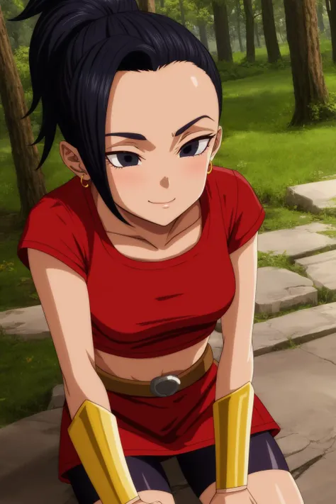 kale, 1girl, solo, black eyes, black hair, high ponytail, earrings,
red shirt, crop top, short sleeves, wristband, red skirt, bike shorts, vambraces, bracer, miniskirt, shorts under skirt, midriff, belt, bracelet,
smile,closed mouth,
forest,outdoor,
(insanely detailed, beautiful detailed face, masterpiece, best quality) cinematic lighting,<lora:DBS_Kale_v1:1>, <lora:more_details:0.3>,