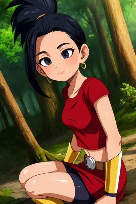 kale, 1girl, solo, black eyes, black hair, high ponytail, earrings,
red shirt, crop top, short sleeves, wristband, red skirt, bike shorts, vambraces, bracer, miniskirt, shorts under skirt, midriff, belt, bracelet,
smile,closed mouth,
forest,outdoor,
(insanely detailed, beautiful detailed face, masterpiece, best quality) cinematic lighting,<lora:DBS_Kale_v1:1>, <lora:more_details:0.3>,