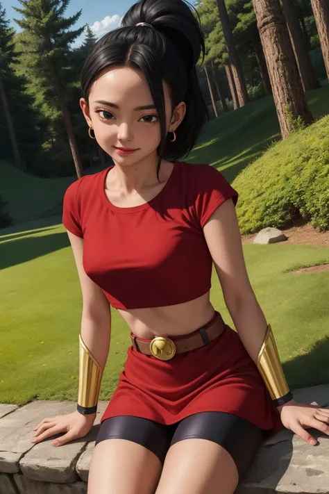 kale, 1girl, solo, black eyes, black hair, high ponytail, earrings,
red shirt, crop top, short sleeves, wristband, red skirt, bike shorts, vambraces, bracer, miniskirt, shorts under skirt, midriff, belt, bracelet,
smile,closed mouth,cowboy shot,sitting,
forest,outdoor,
(insanely detailed, beautiful detailed face, masterpiece, best quality) cinematic lighting,<lora:DBS_Kale_v1:1>, <lora:more_details:0.3>,