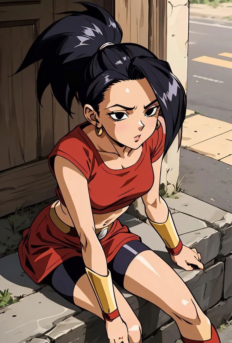 (masterpiece, best quality), 1girl, <lora:DBS_Kale_v1:0.8> kale, 1girl, solo, black eyes, black hair, high ponytail, earrings,, red shirt, crop top, short sleeves, wristband, red skirt, bike shorts, vambraces, bracer, miniskirt, shorts under skirt,