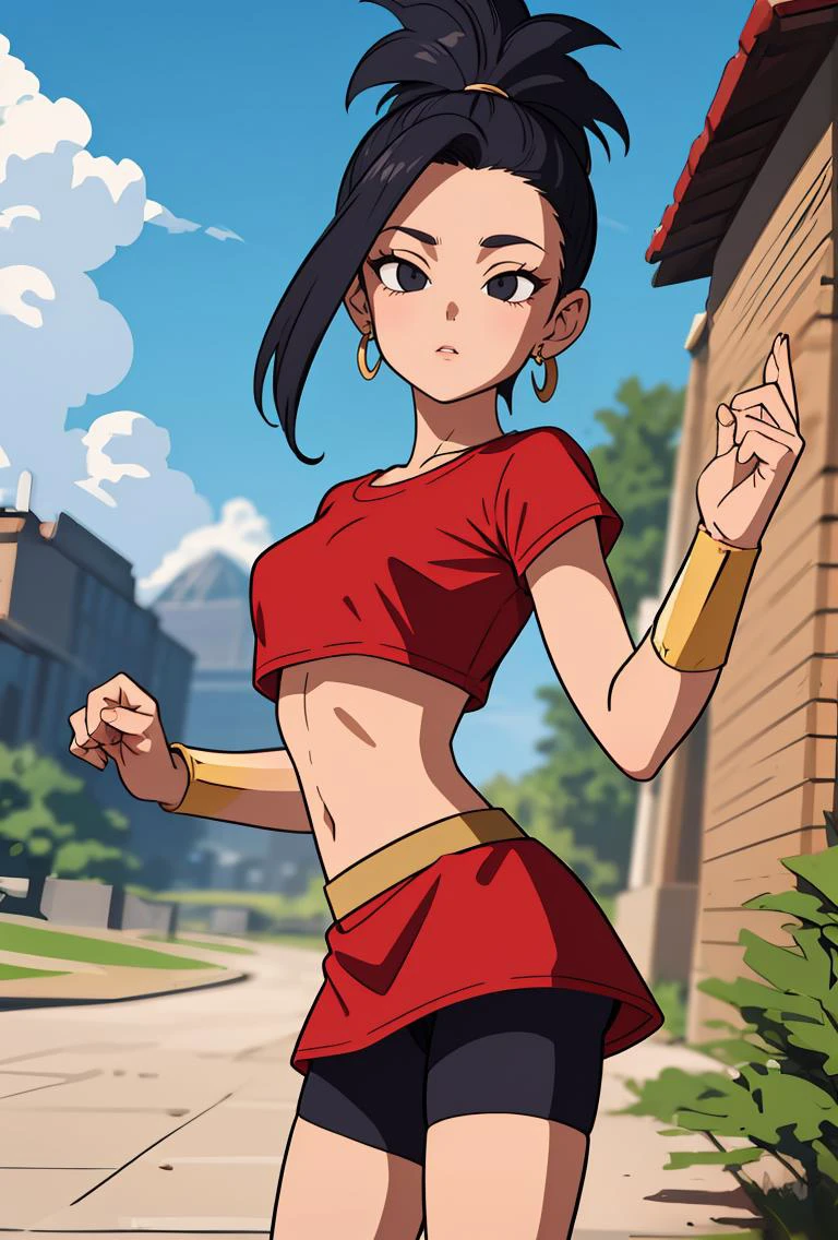 (masterpiece, best quality), 1girl, <lora:DBS_Kale_v1:0.8> kale, 1girl, solo, black eyes, black hair, high ponytail, earrings,, red shirt, crop top, short sleeves, wristband, red skirt, bike shorts, vambraces, bracer, miniskirt, shorts under skirt,