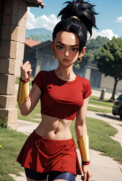 (masterpiece, best quality), 1girl,   <lora:DBS_Kale_v1:0.8> kale, 1girl, solo, black eyes, black hair, high ponytail, earrings,, red shirt, crop top, short sleeves, wristband, red skirt, bike shorts, vambraces, bracer, miniskirt, shorts under skirt,